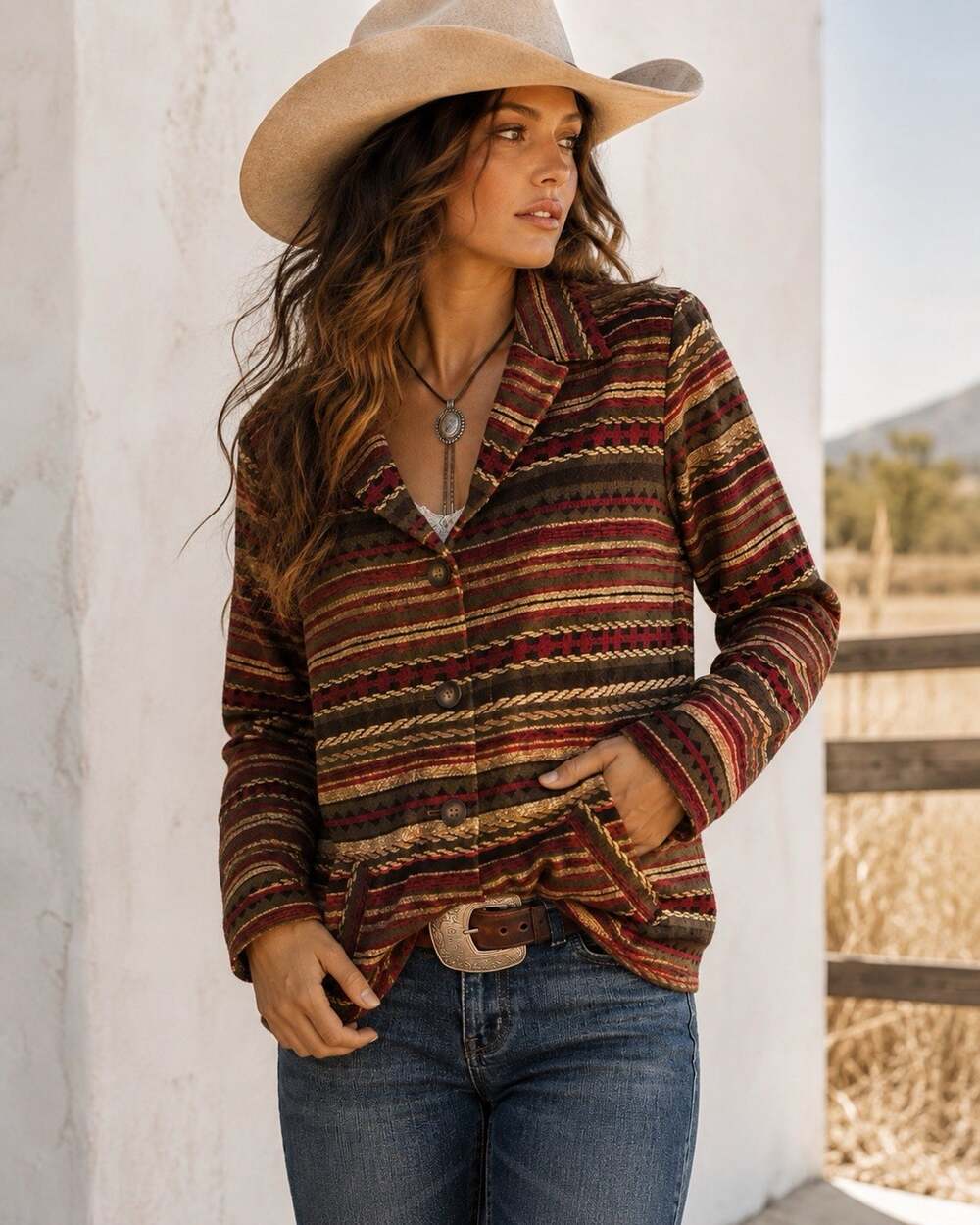 Western Blazer Jacket Size 8 Red Striped Chenille Tapestry Boho Equestrian Boxy